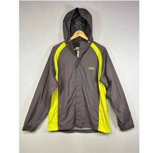 Gorpcore Coleman Mens Med Grey Neon Yellow Hooded Windbreaker Jacket Outdoorsy